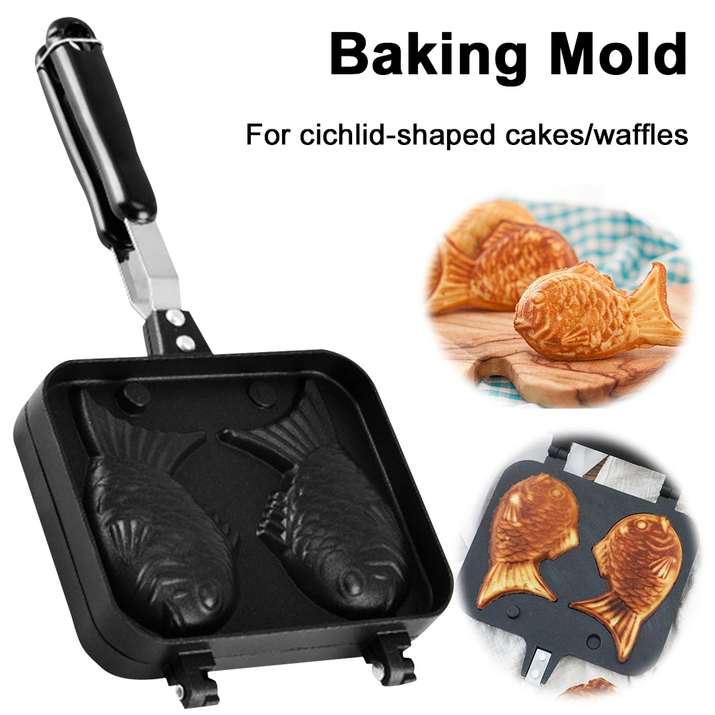 Double Fish Shaped Taiyaki Dessert Waffle Cake Maker Pan Non Stick Fry Pan Waffle Molds Aluminum Alloy Taiyaki Cooking Bakeware - Image 2