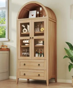 71" Tall Pantry Cabinet, Arched Cabinet with LED Lights, Kitchen Storage Cabinets with 2 Large Drawers & Adjustable Shelves
