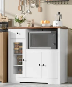 Kitchen Microwave Cabinet with Storage and Drawers, Modern Small Buffet Cabinet with Glass Doors and Adjustable Shelf, Wooden S