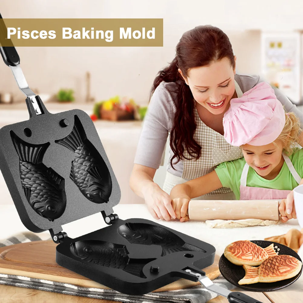 Double Fish Shaped Taiyaki Dessert Waffle Cake Maker Pan Non Stick Fry Pan Waffle Molds Aluminum Alloy Taiyaki Cooking Bakeware - Image 3